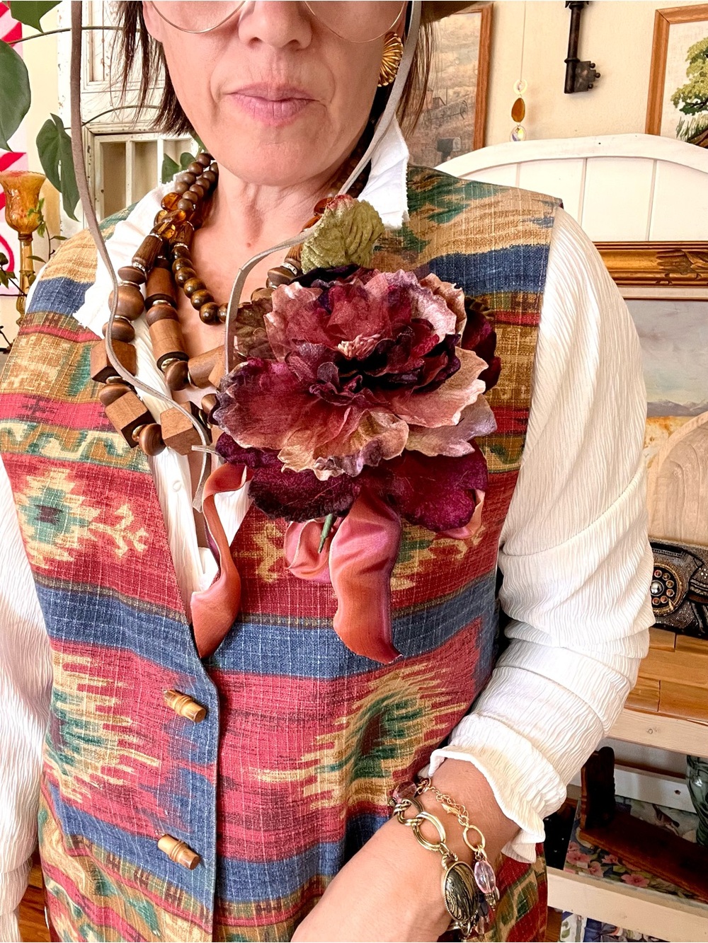 Vintage OOAK Handmade from vintage sourced fabrics silk florals oversized brooch